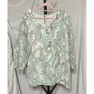 Alfred Dunner Green‎ & Gray V-Neck 3/4 Sleeve Lined Blouse sz 14